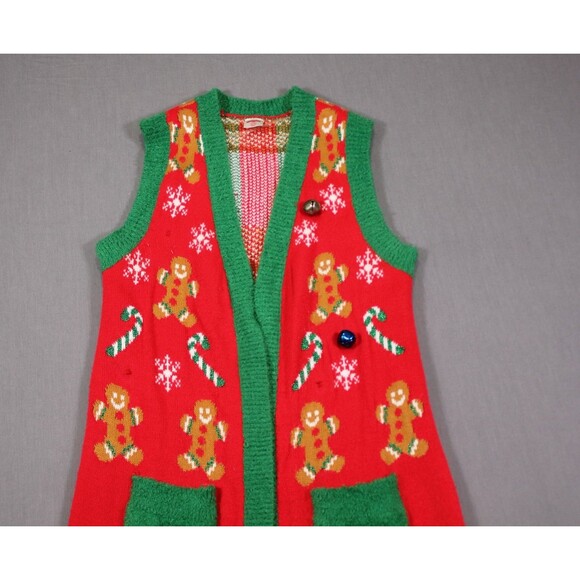 Holiday Time Christmas Long Cardigan Vest Embroidered Red Green Bells Sz S - Picture 2 of 10